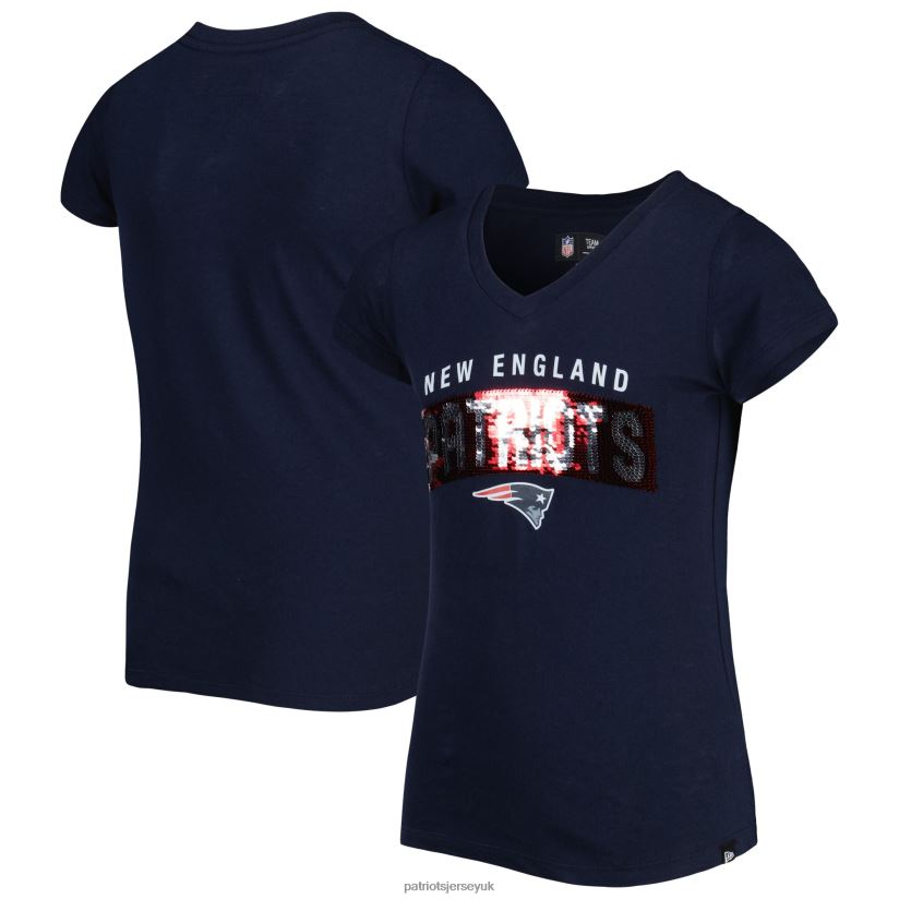 Girls New Era Navy Reverse Sequin Wordmark V-Neck T-Shirt Kids Patriots Jersey Clothing 6B6H8J3117