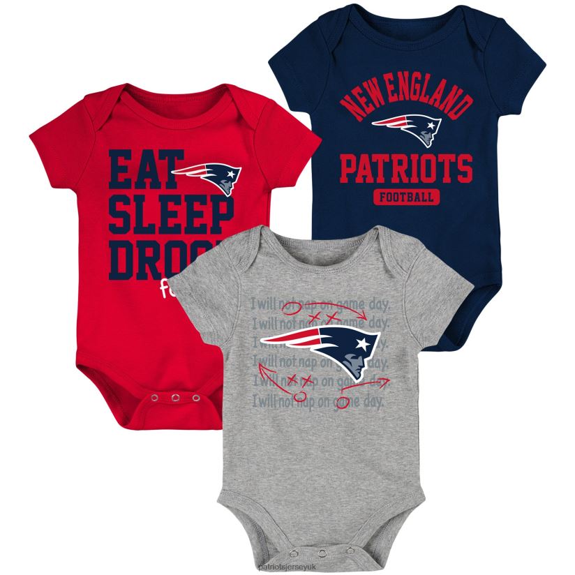 Newborn & Infant Navy/Red Eat Sleep Drool Football Three-Piece Bodysuit Set Kids Patriots Jersey Clothing 6B6H8J3064