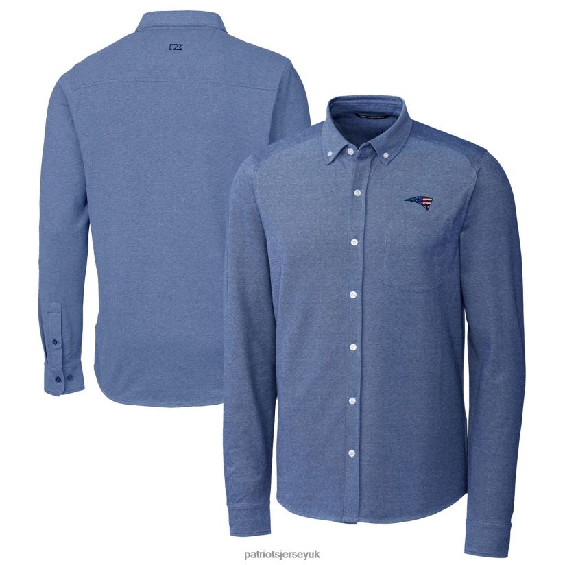 Cutter & Buck Blue Advantage Tri-Blend Pique Long Sleeve Button-Down Shirt Men Patriots Jersey Clothing 6B6H8J1668