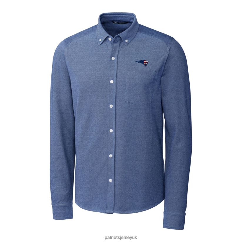 Cutter & Buck Blue Advantage Tri-Blend Pique Long Sleeve Button-Down Shirt Men Patriots Jersey Clothing 6B6H8J1668