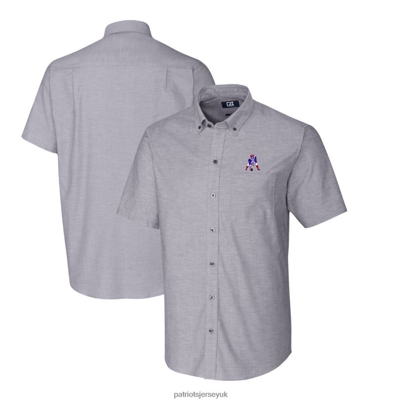 Cutter & Buck Charcoal Throwback Logo Stretch Oxford Button-Down Short Sleeve Shirt Men Patriots Jersey Clothing 6B6H8J1673
