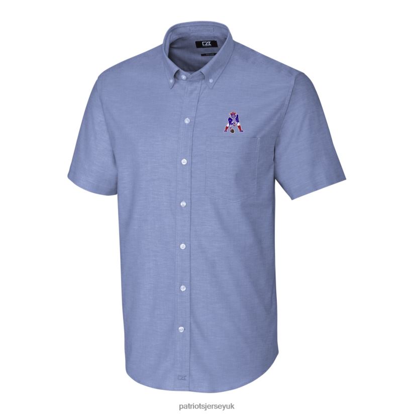 Cutter & Buck Powder Blue Throwback Logo Stretch Oxford Button-Down Short Sleeve Shirt Men Patriots Jersey Clothing 6B6H8J1644