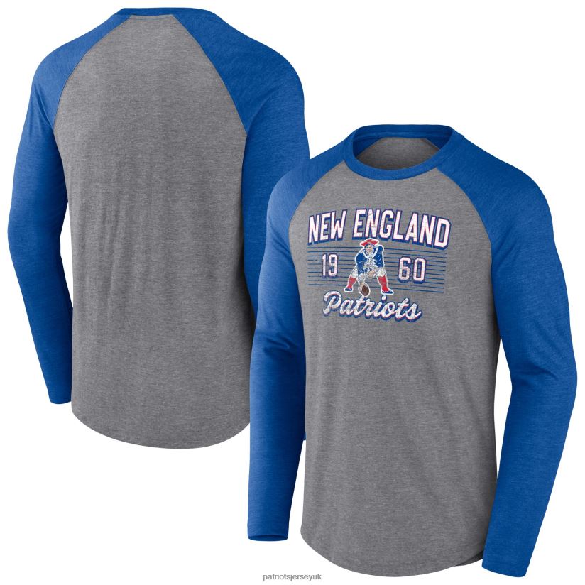 Fanatics Branded Heathered Gray/Heathered Royal Weekend Casual Raglan Long Sleeve T-Shirt Men Patriots Jersey Clothing 6B6H8J1921