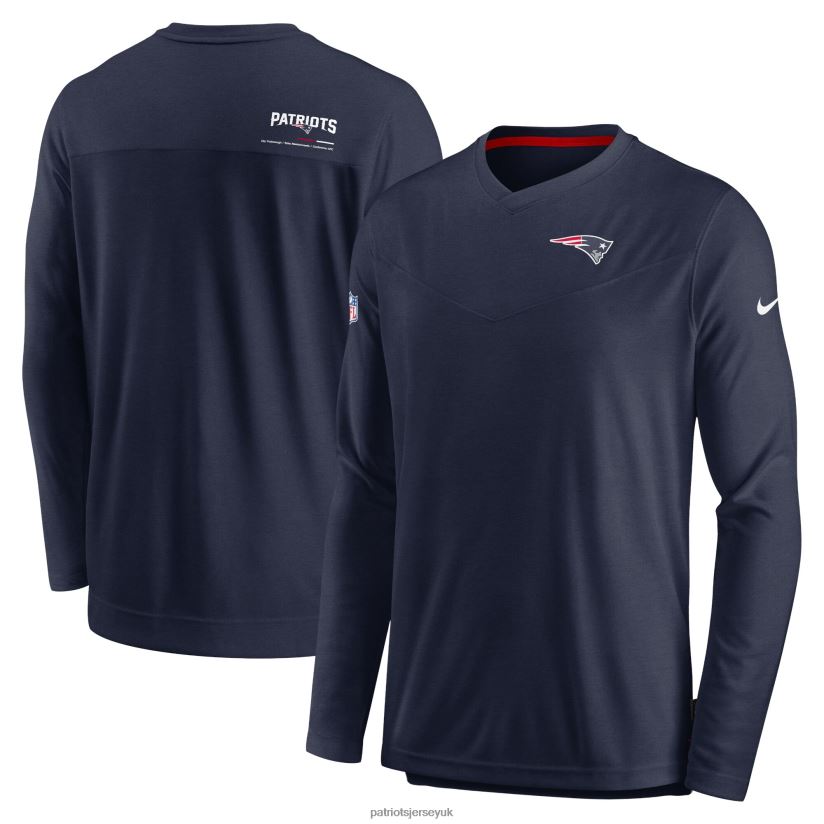 Nike Navy Sideline Coach Chevron Lock Up Long Sleeve V-Neck Performance T-Shirt Men Patriots Jersey Clothing 6B6H8J1911