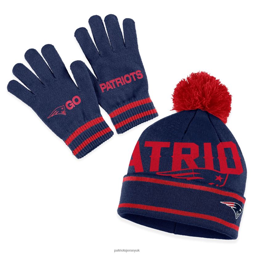 WEAR by Erin Andrews Navy Double Jacquard Cuffed Knit Hat with Pom and Gloves Set Women Patriots Jersey Accessories 6B6H8J2301