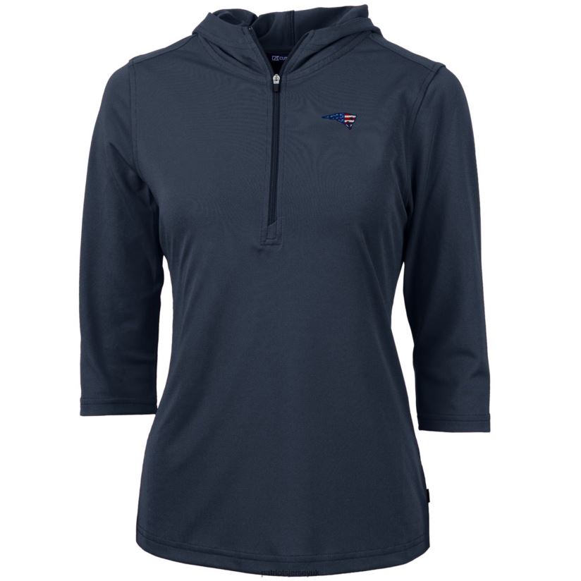Cutter & Buck Navy Virtue Eco Pique 3/4 Sleeve Half-Zip Pullover Hoodie Women Patriots Jersey Clothing 6B6H8J1057