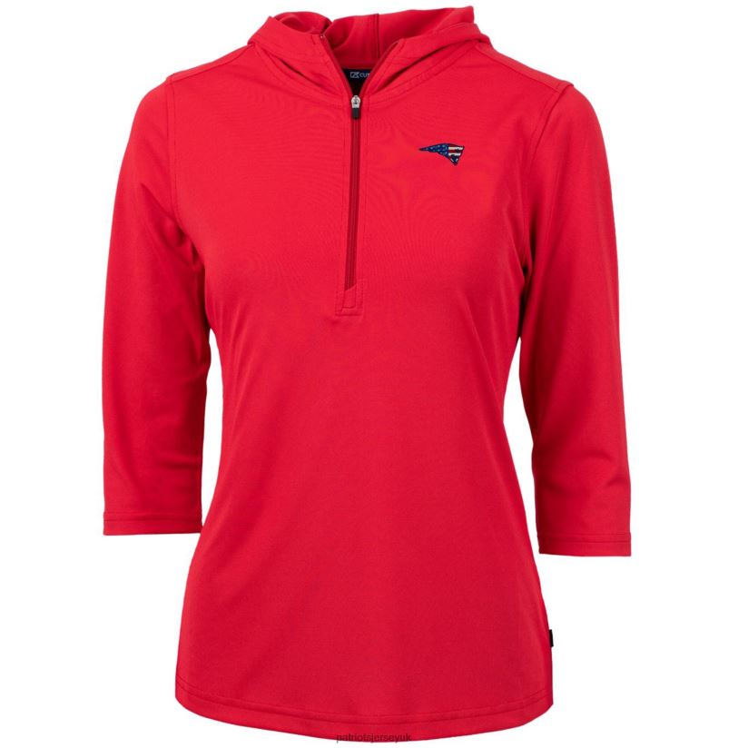 Cutter & Buck Red Virtue Eco Pique 3/4 Sleeve Half-Zip Pullover Hoodie Women Patriots Jersey Clothing 6B6H8J1079
