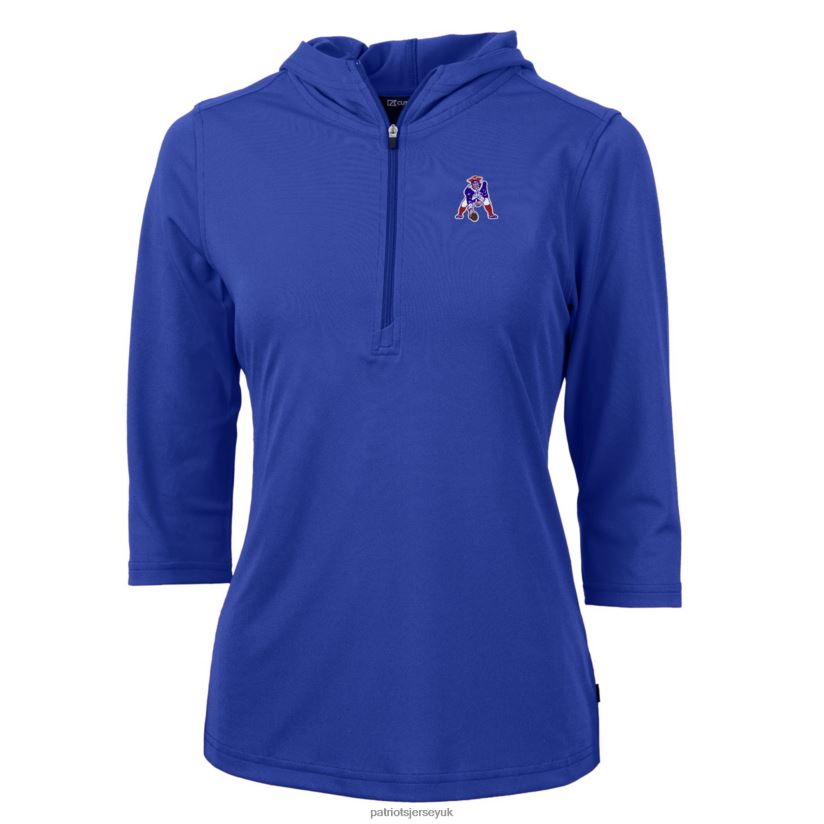 Cutter & Buck Royal Throwback Logo Virtue Eco Pique 3/4 Sleeve Half-Zip Pullover Hoodie Women Patriots Jersey Clothing 6B6H8J901