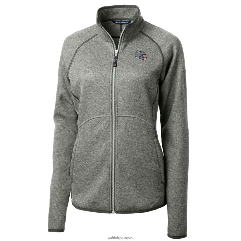 Cutter & Buck Heather Gray Helmet Logo Mainsail Sweater-Knit Full-Zip Jacket Women Patriots Jersey Clothing 6B6H8J854