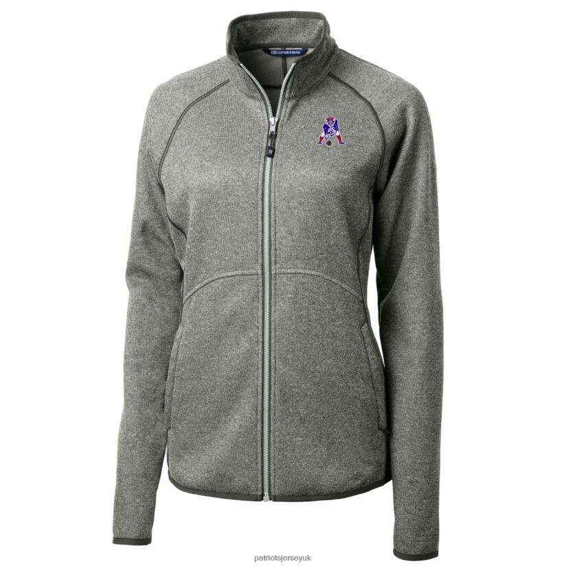 Cutter & Buck Heather Gray Throwback Logo Mainsail Sweater Knit Fleece Full-Zip Jacket Women Patriots Jersey Clothing 6B6H8J1046