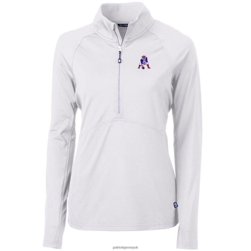 Cutter & Buck White Throwback Logo Adapt Eco Knit Stretch Recycled Half-Zip Pullover Top Women Patriots Jersey Clothing 6B6H8J938