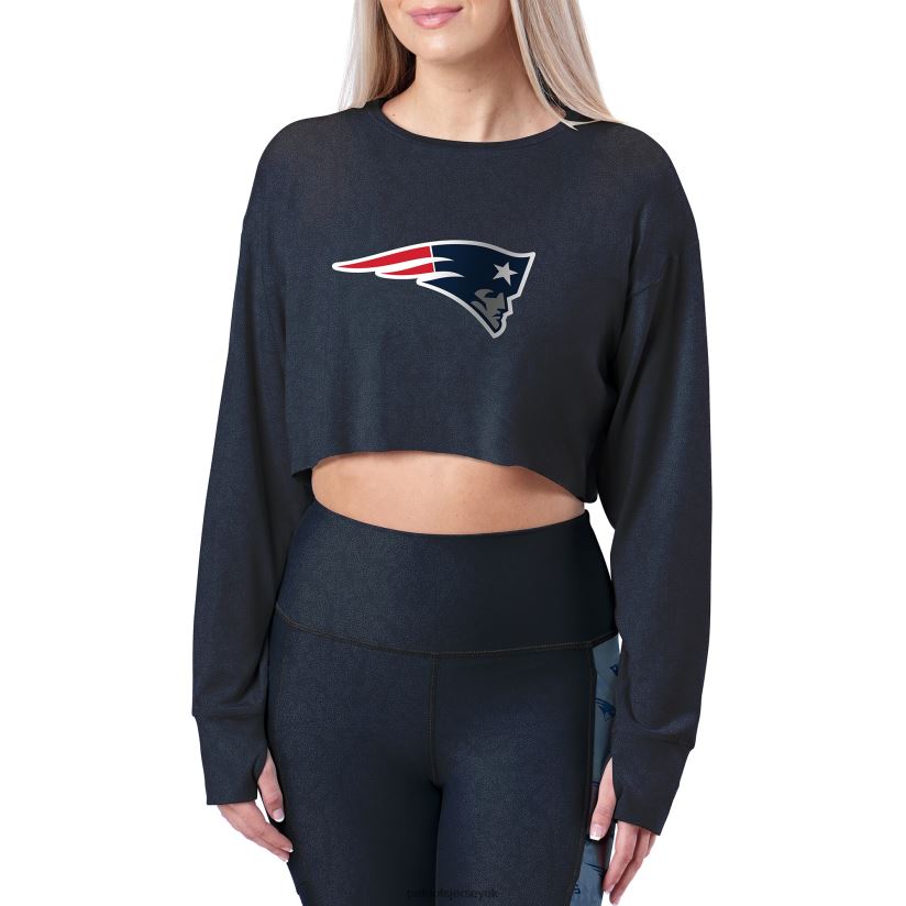 Certo Navy Cropped Long Sleeve Shirt Women Patriots Jersey Clothing 6B6H8J2773