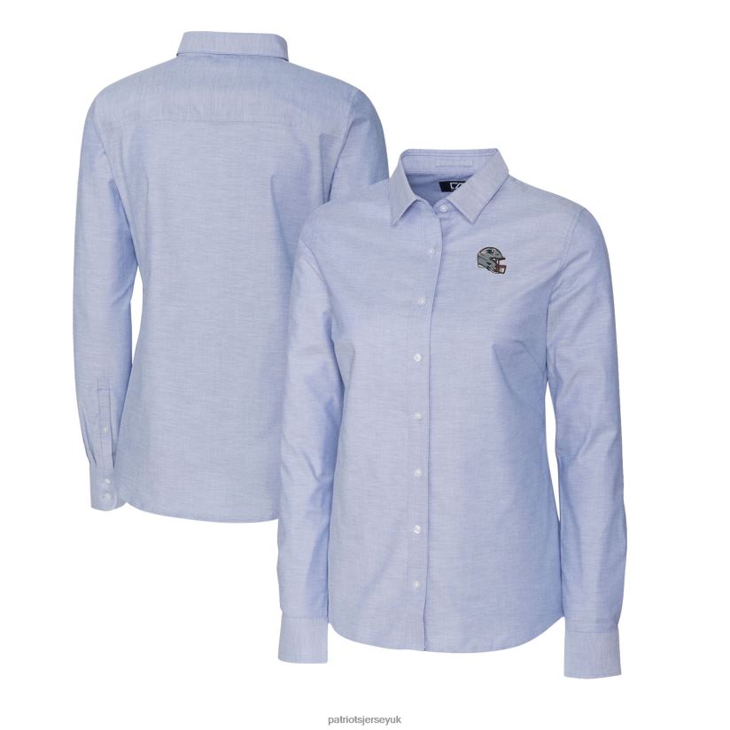 Cutter & Buck Light Blue Helmet Logo Stretch Oxford Long Sleeve Button-Up Shirt Women Patriots Jersey Clothing 6B6H8J2809