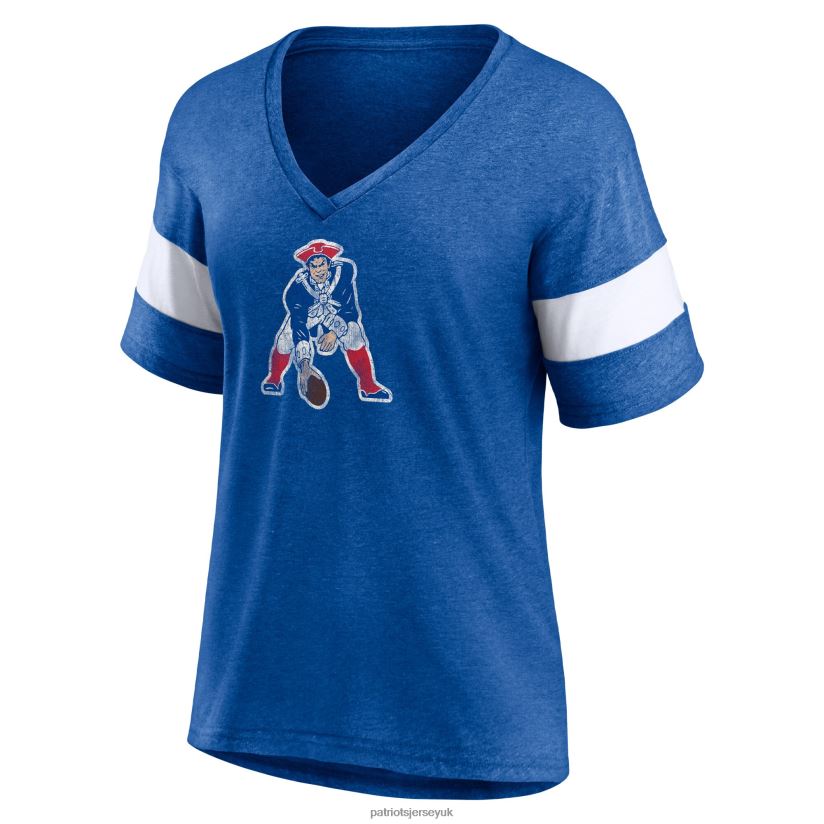 Fanatics Branded Heathered Royal Throwback Logo Tri-Blend Striped V-Neck T-Shirt Women Patriots Jersey Clothing 6B6H8J2671