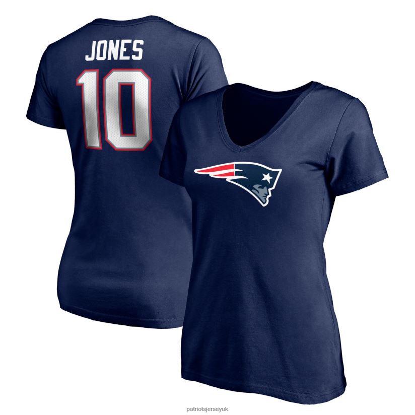 Fanatics Branded Mac Jones Navy Logo Player Icon Name & Number V-Neck T-Shirt Women Patriots Jersey Clothing 6B6H8J2696