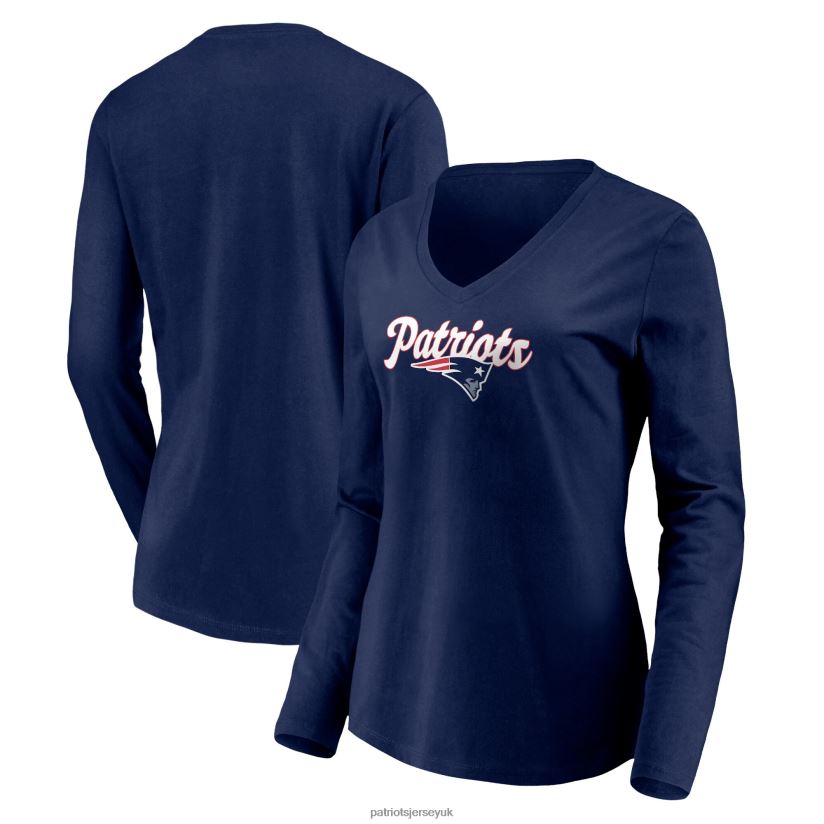 Fanatics Branded Navy Freehand Long Sleeve V-Neck T-Shirt Women Patriots Jersey Clothing 6B6H8J2805