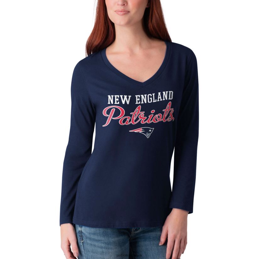 G-III 4Her by Carl Banks Navy Post Season Long Sleeve V-Neck T-Shirt Women Patriots Jersey Clothing 6B6H8J2739