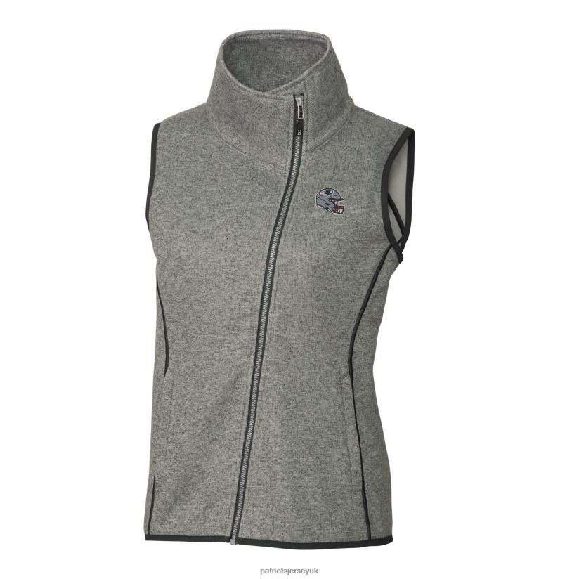 Cutter & Buck Heather Gray Helmet Logo Mainsail Sweater-Knit Full-Zip Asymmetrical Vest Women Patriots Jersey Clothing 6B6H8J840
