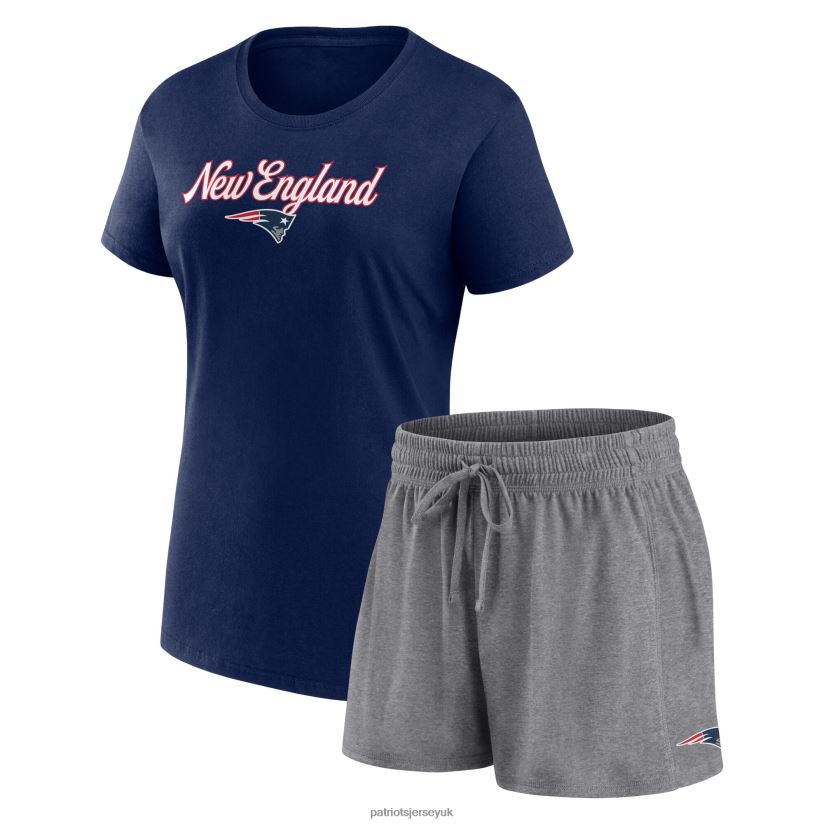 Fanatics Branded Navy/Heather Charcoal Script T-Shirt & Shorts Lounge Set Women Patriots Jersey Clothing 6B6H8J2640